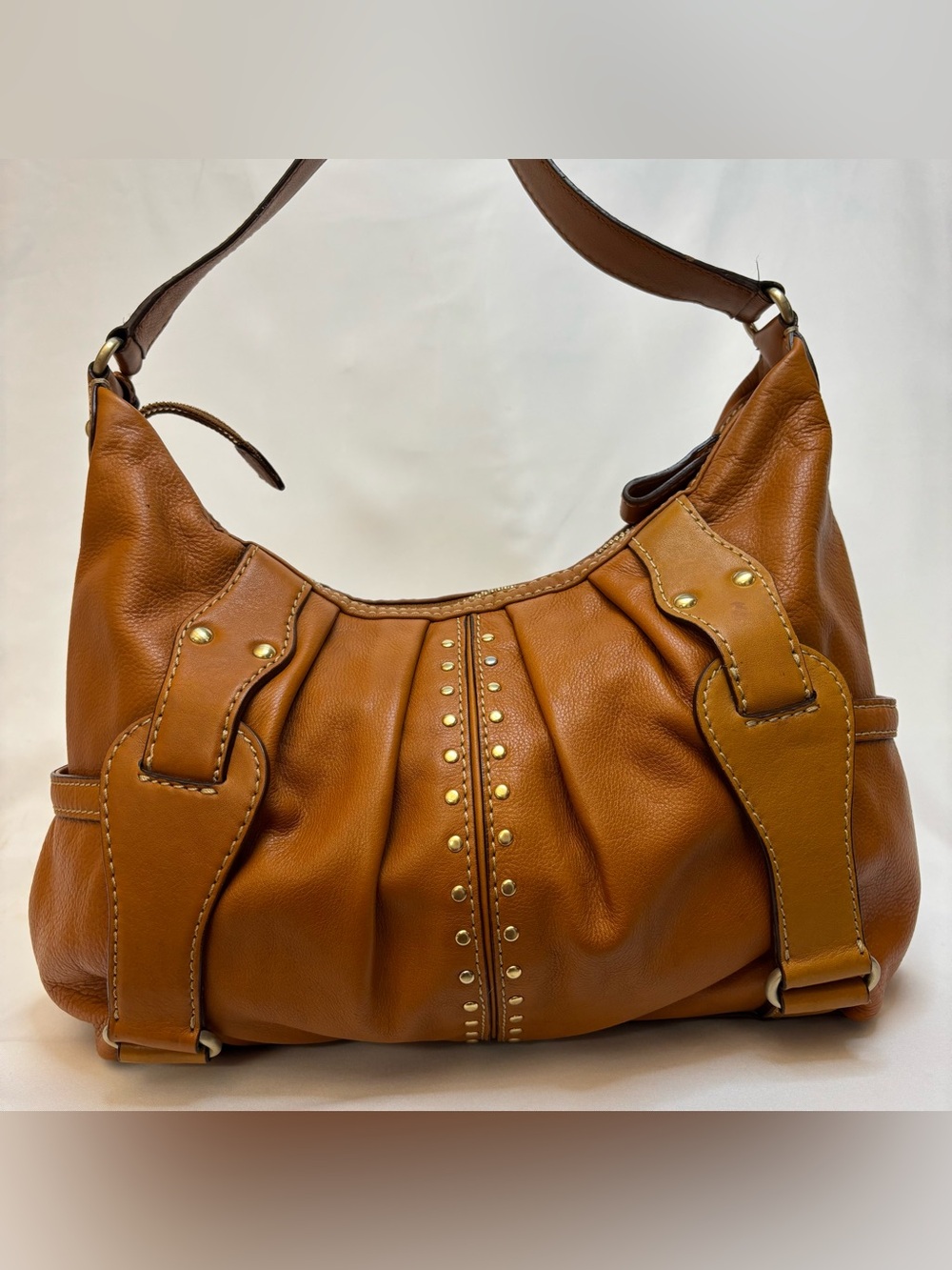 Vintage Michael Kors Astor Cognac Pebbled Leather Studded Hobo Shoulder Bag - Picture 2 of 9